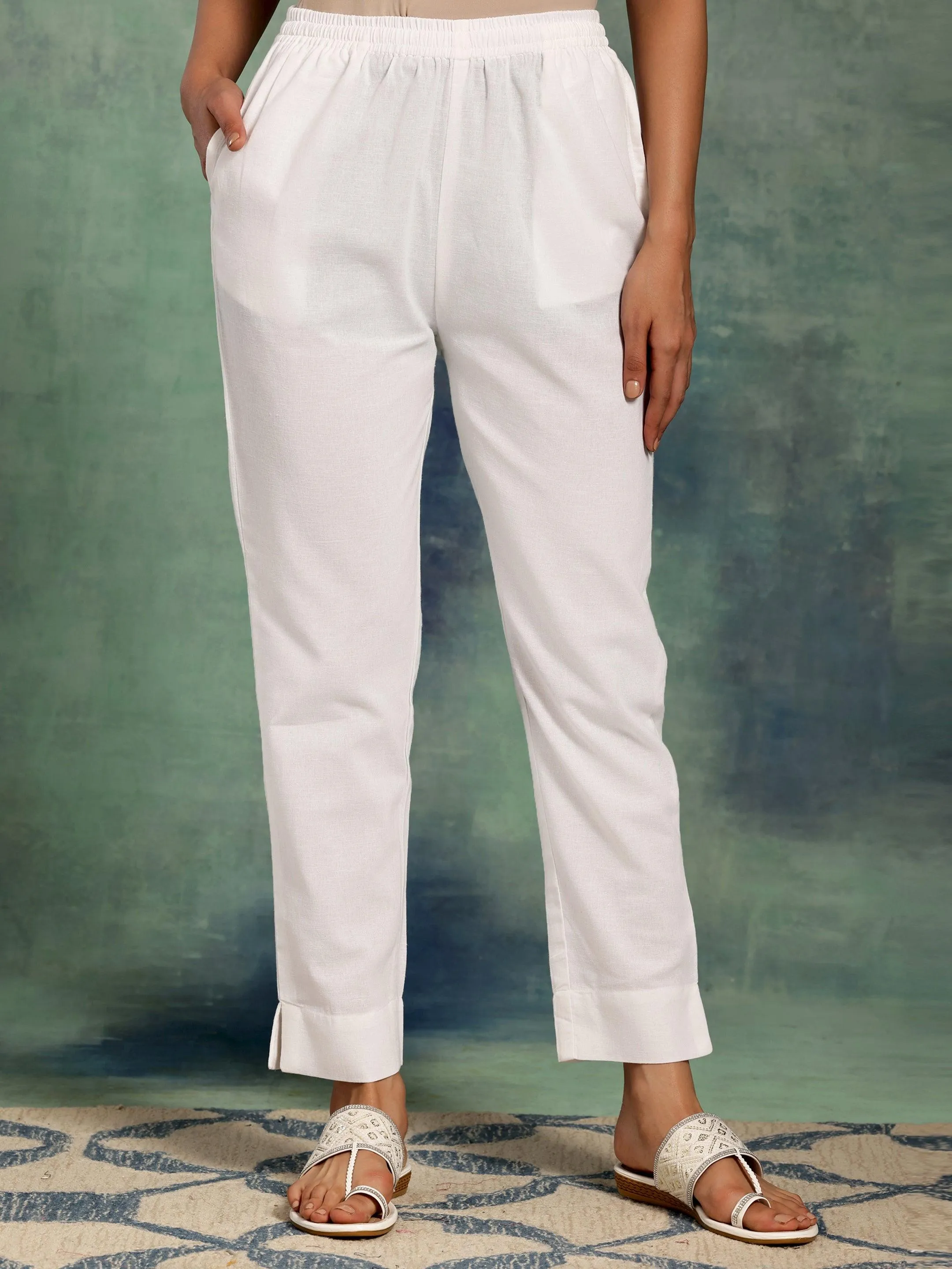 White Solid Cotton Straight Fit Trousers