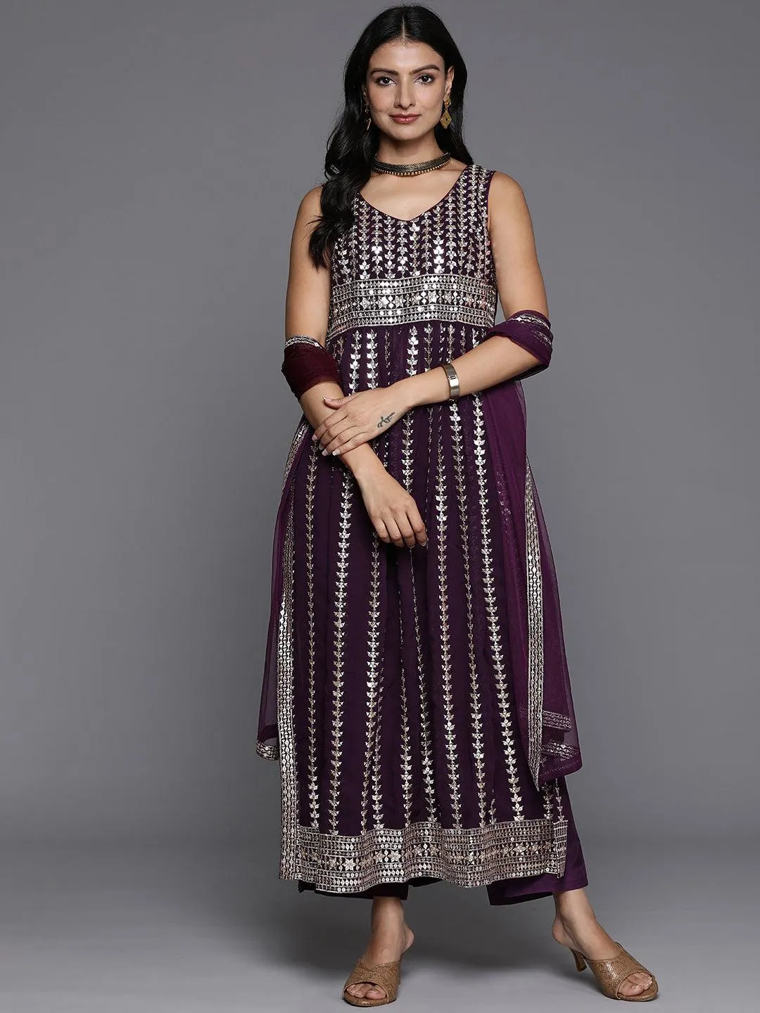 Wine Embroidered Georgette A-Line Kurta With Trousers & Dupatta