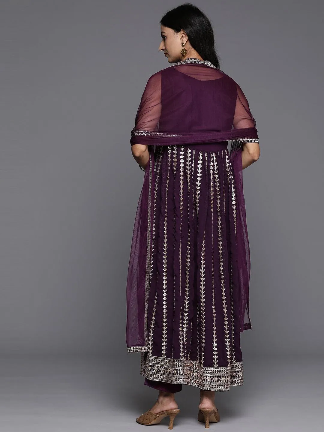 Wine Embroidered Georgette A-Line Kurta With Trousers & Dupatta