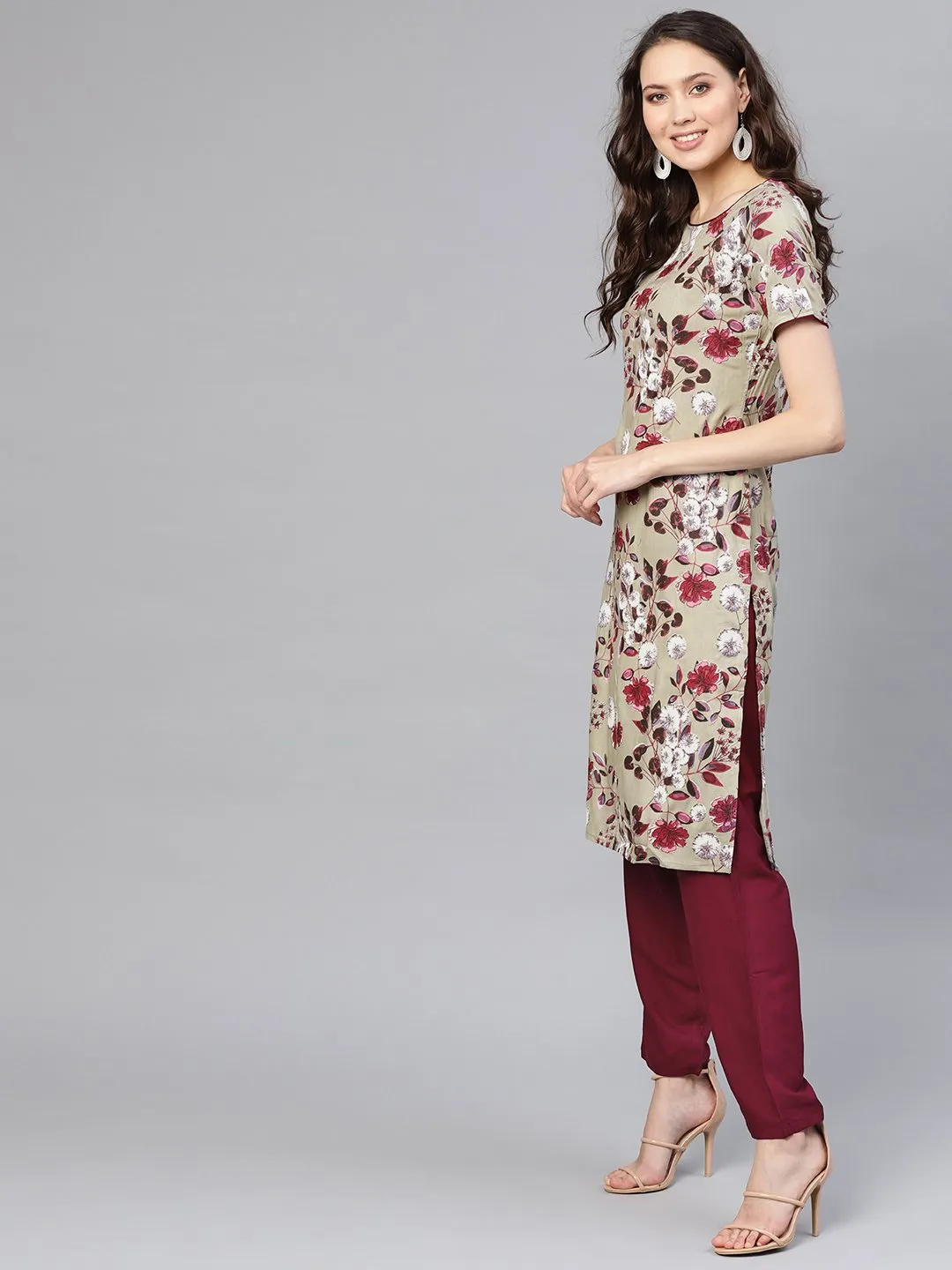 Women Grey & Burgundy Printed Kurta With Trousers