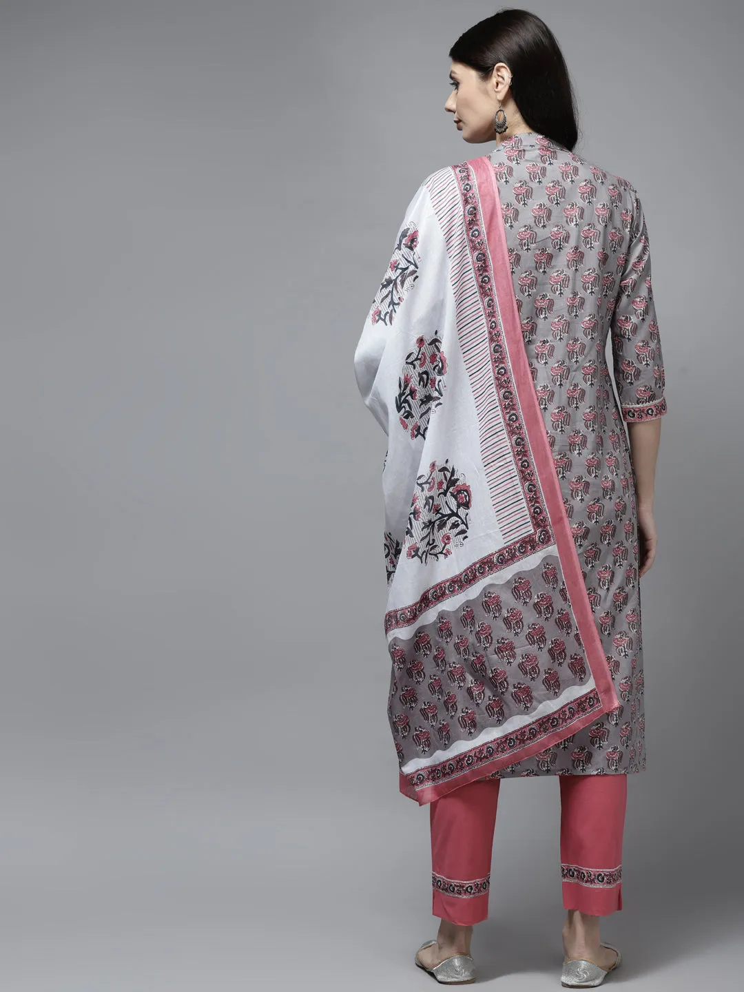 Women Grey Cotton Kurta Set With Dupatta