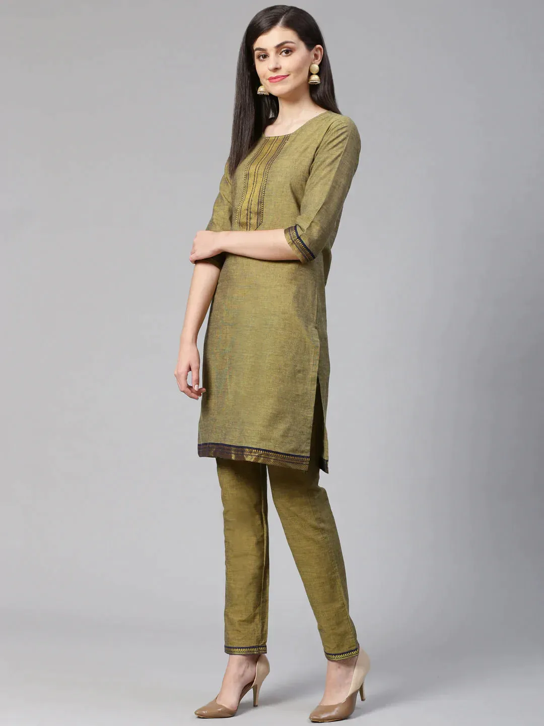 Women Mustard Yoke Design Kurta With Trousers