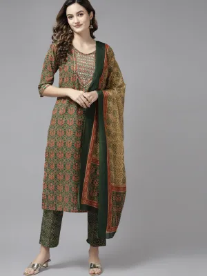 Women Olive Green Ethnic Motifs Print Cotton Kurta With Trousers & Dupatta