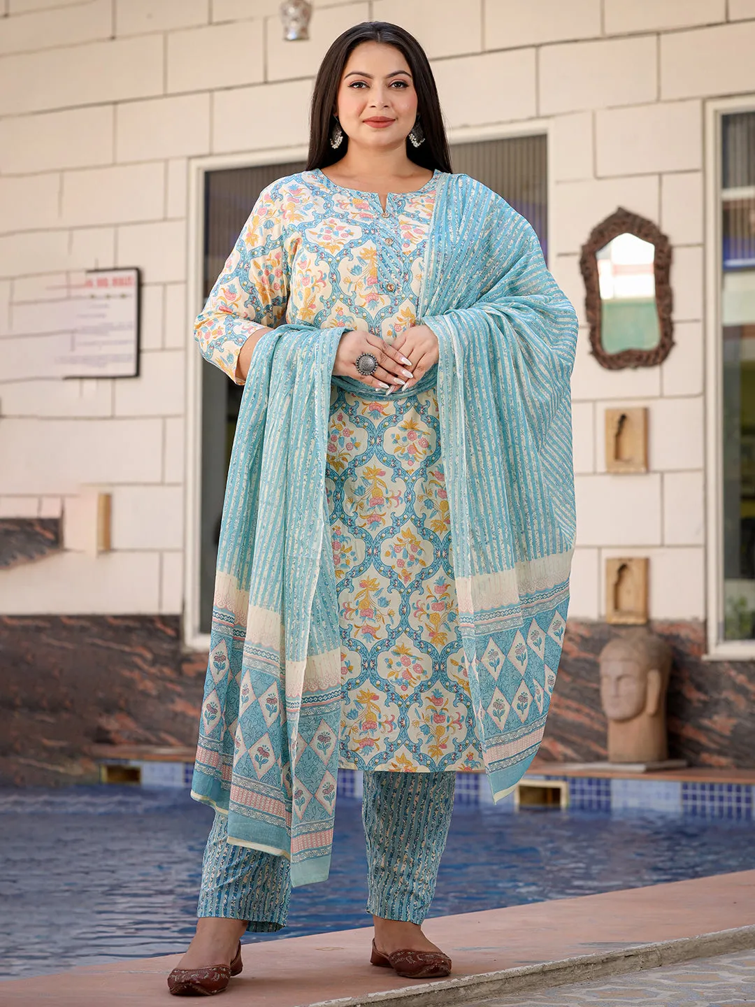 Women Plus Size Sky Blue  Pure Cotton Kurta Set With Dupatta