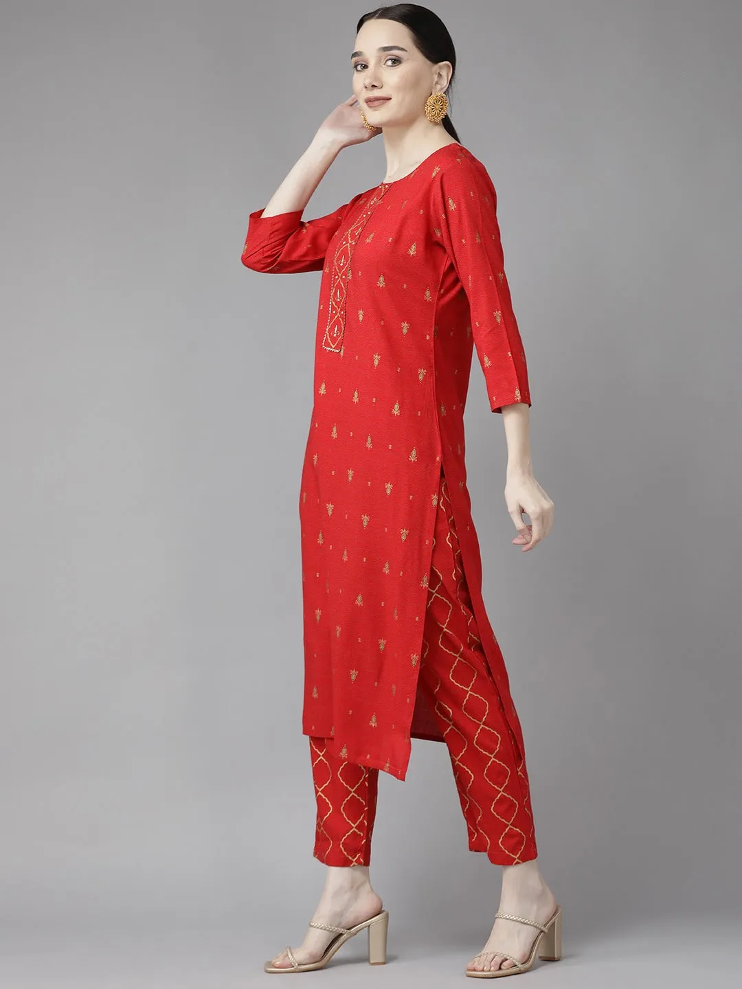 Women Red Rayon Kurta Set