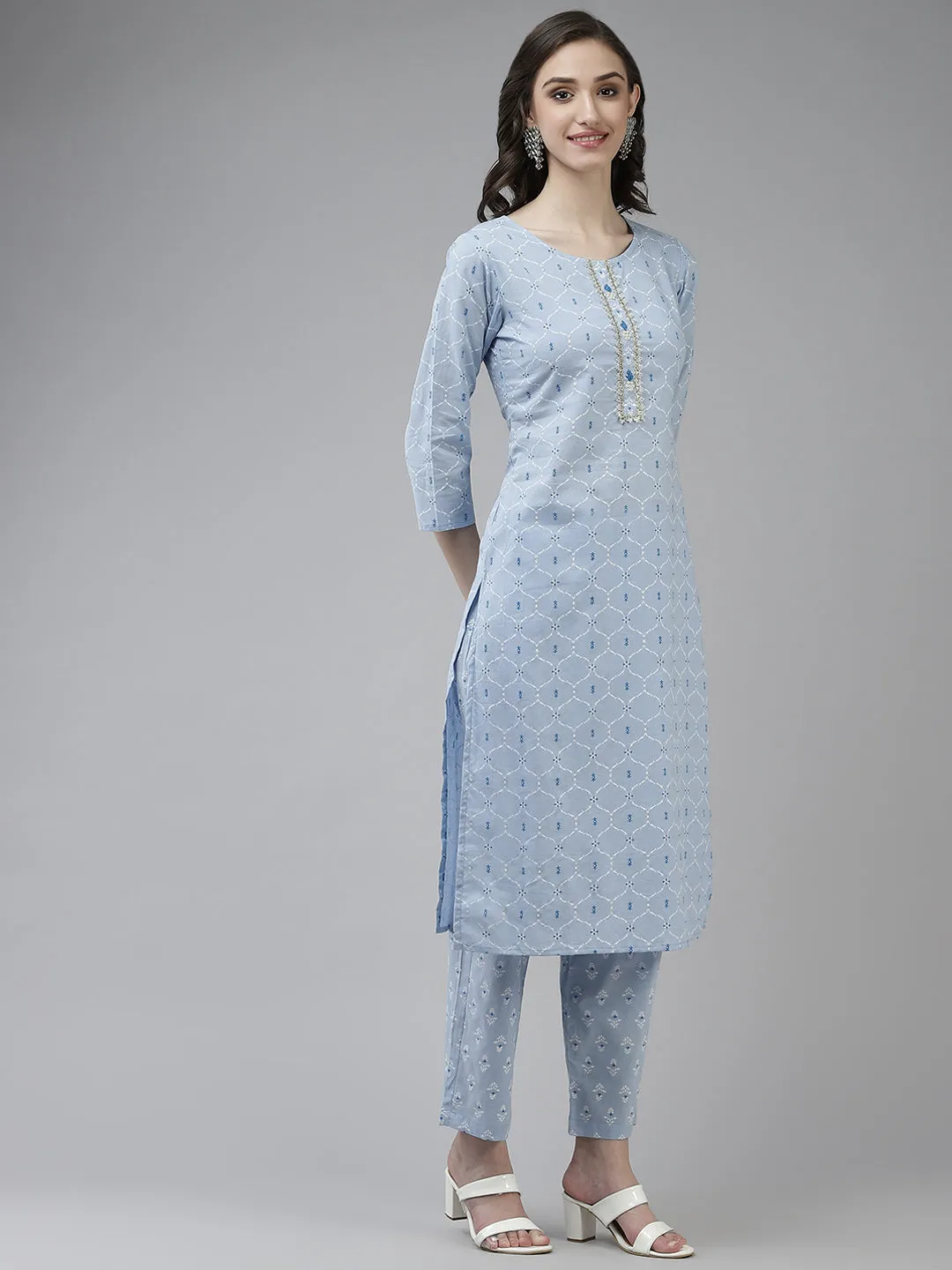 Women Sky Blue Printed Cotton Kurta With Trouser & Dupatta