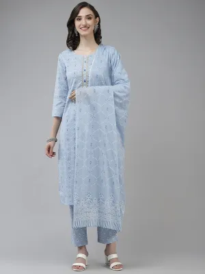 Women Sky Blue Printed Cotton Kurta With Trouser & Dupatta