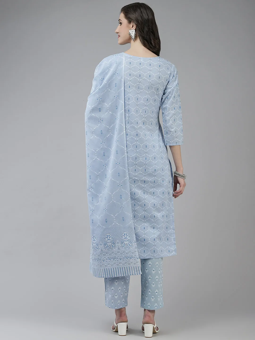 Women Sky Blue Printed Cotton Kurta With Trouser & Dupatta