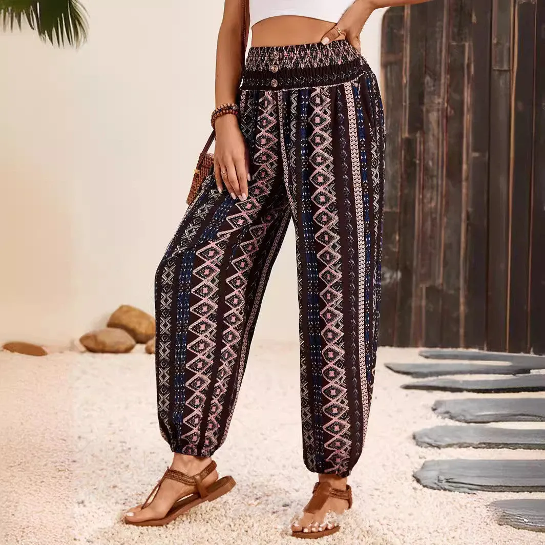 Women’s Boho Floral Print Retro Harem Trousers, Plus Size Summer Beach Pants