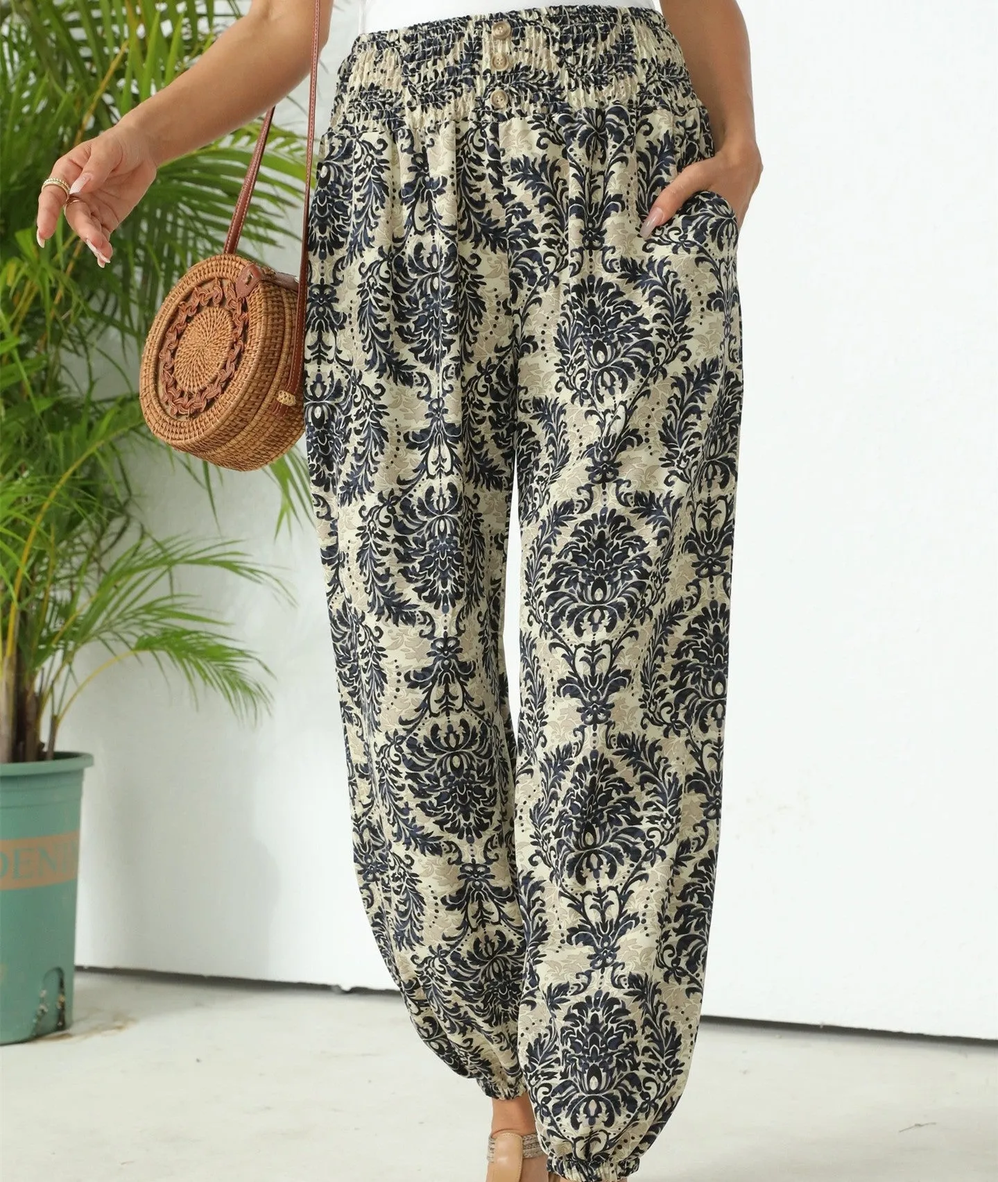 Women’s Boho Floral Print Retro Harem Trousers, Plus Size Summer Beach Pants