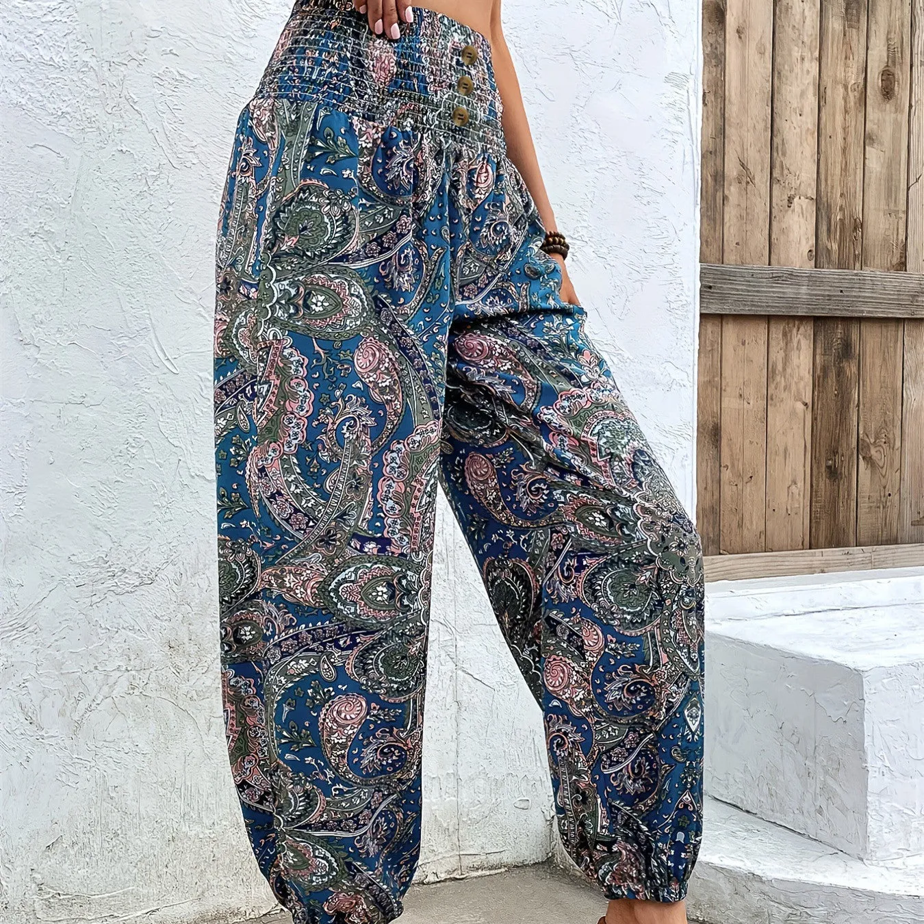 Women’s Boho Floral Print Retro Harem Trousers, Plus Size Summer Beach Pants