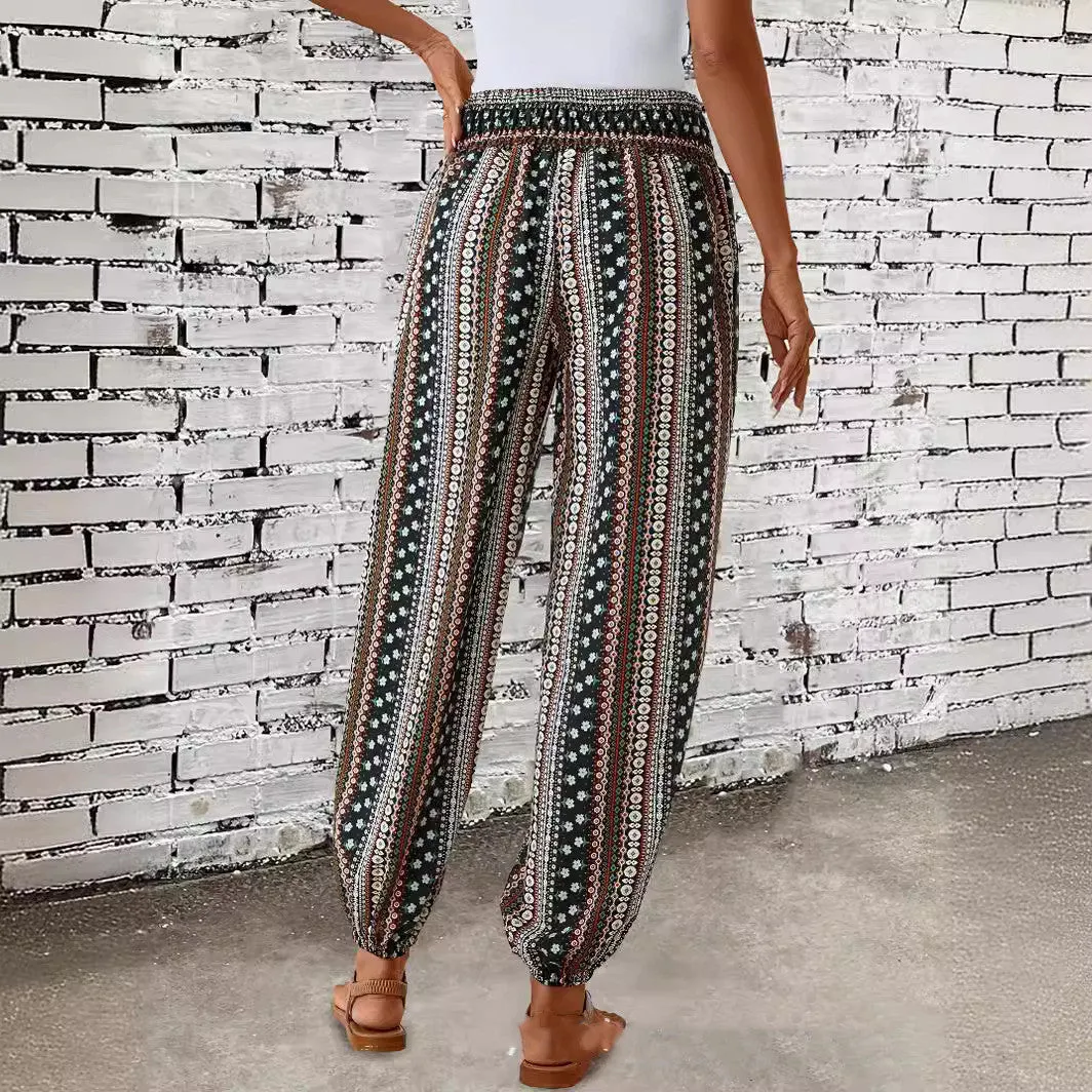 Women’s Boho Floral Print Retro Harem Trousers, Plus Size Summer Beach Pants