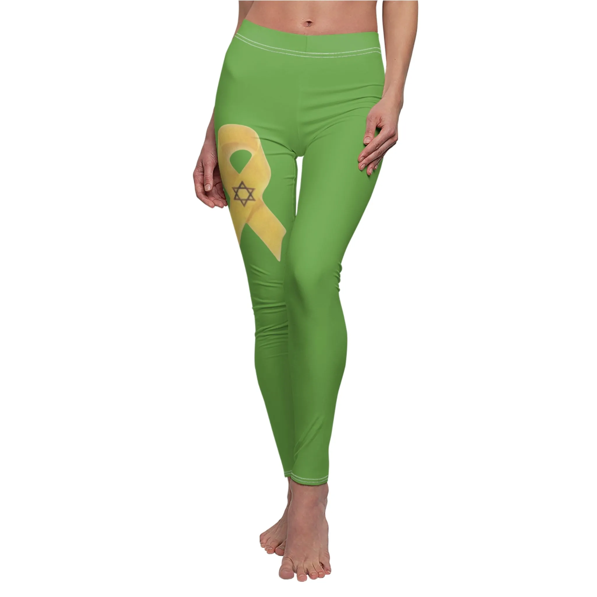 Women's Cut & Sew Casual Leggings, Green - Yellow Ribbon 'Bring Them Home Now' Art, by Chaia Malana