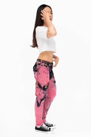 ZIPPER-MILITARY STYLE WOMENS CARGO PANTS IN TIE DYE PINK